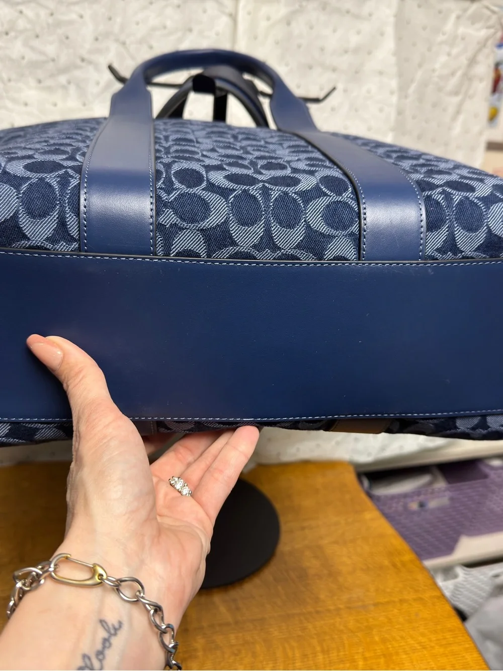 NEW Coach Wesley Blue denim Signature Monogram Tote with Leather Trim